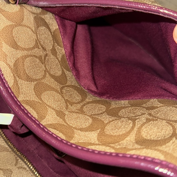 Coach Bag Large Brown Signature Leather Purple Patent Leather Trimmed Tote - Picture 11 of 17